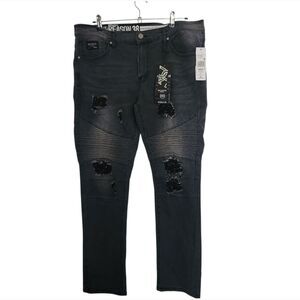 Reason Men's Dark Gray Highly Distressed Textured Jeans Straight Leg Size 38